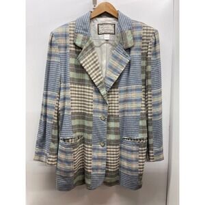 Laura Jefferies Vintage Plaid Patchwork Blazer Blue Tan Viscose Size L 0676007